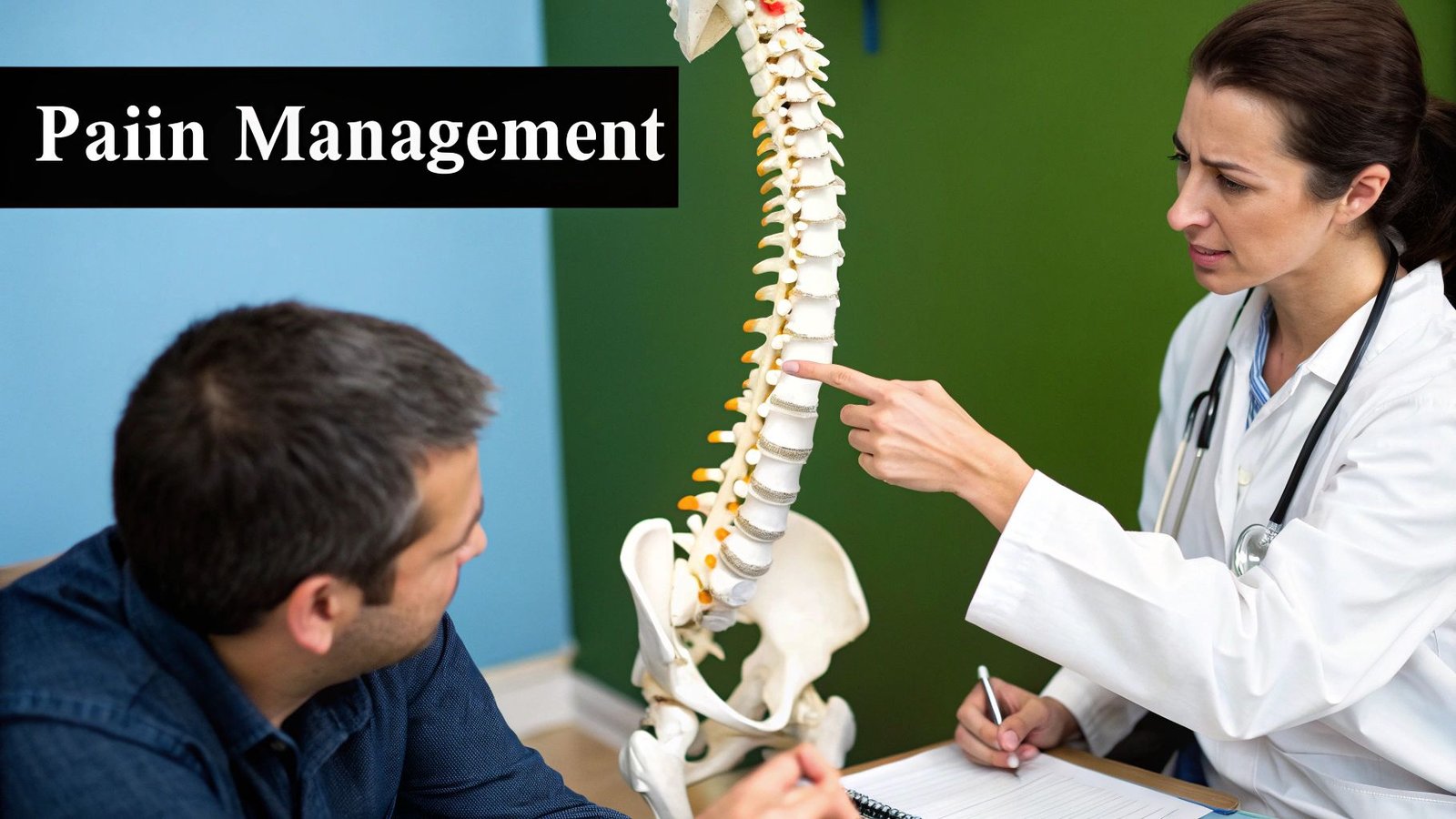 A healthcare professional in scrubs consulting with a patient about their back pain.